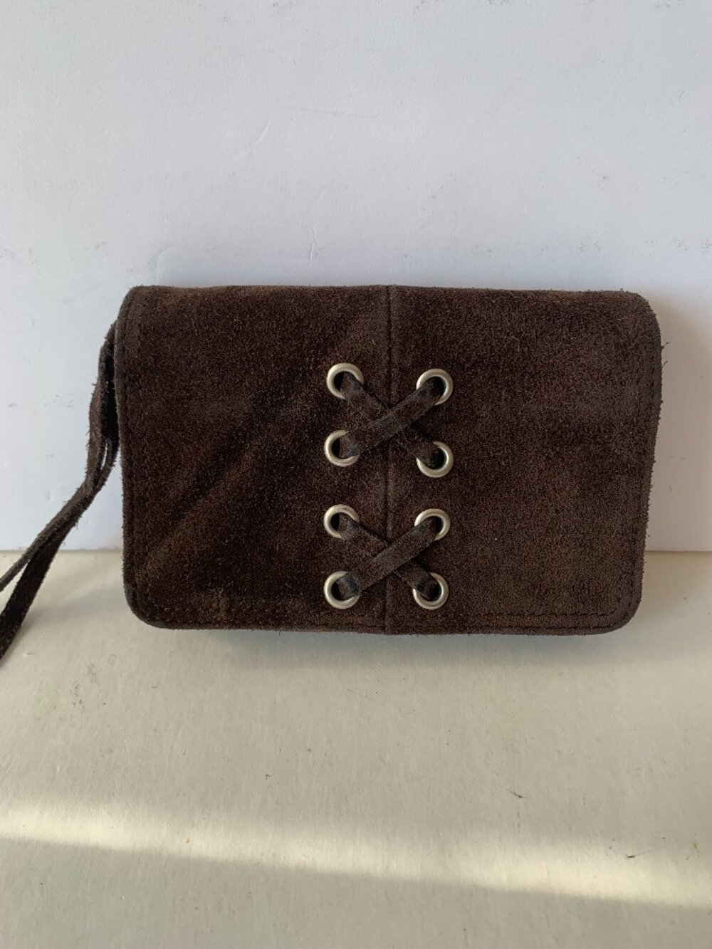 American Eagle Vintage Y2k Suede Wallet Dark Brown Lace Up Small Bifold Boho Hip